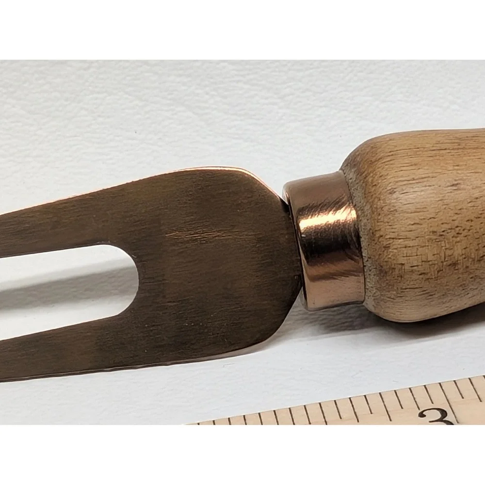 Charcuterie 2-Prong Pickle Olive Cocktail Fork Wood Handle Rose Gold Tone Prongs